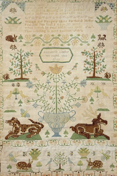 Cross stitch sampler with a prayer, worked by Elizabeth Linder, 1756 by Unknown